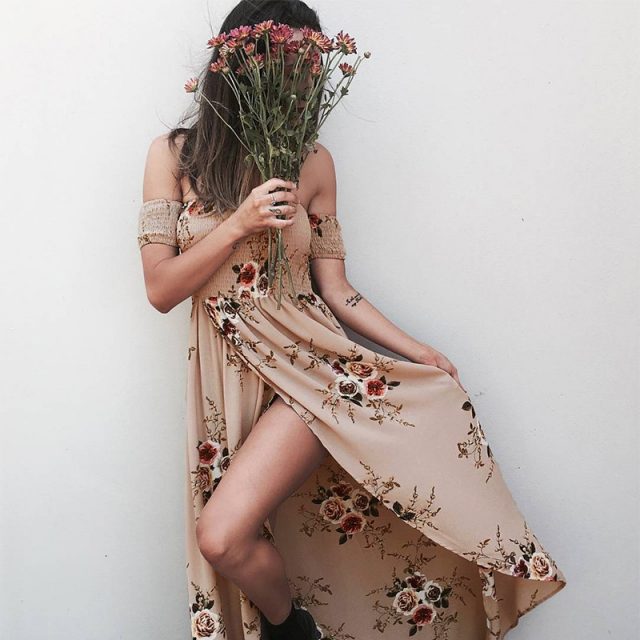 Women’s Bohemian Floral Printed Off Shoulder Dress