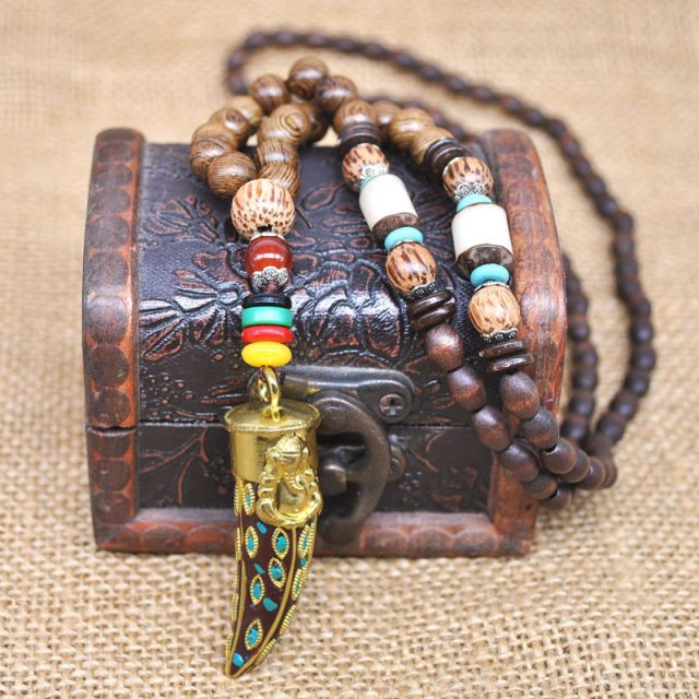 Handmade Buddhist Wood Beads Pendant Necklace