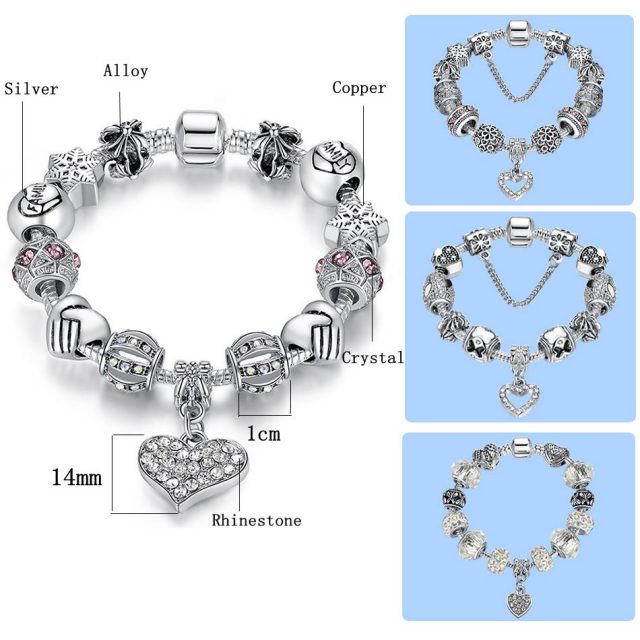 Silver Crystal Charm Bracelet for Women