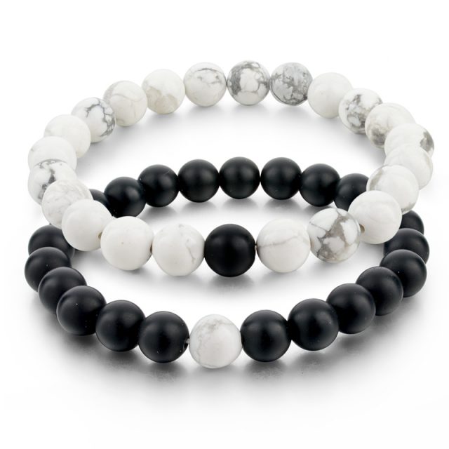 Black & White Stone Beads Bracelets Set for Lovers